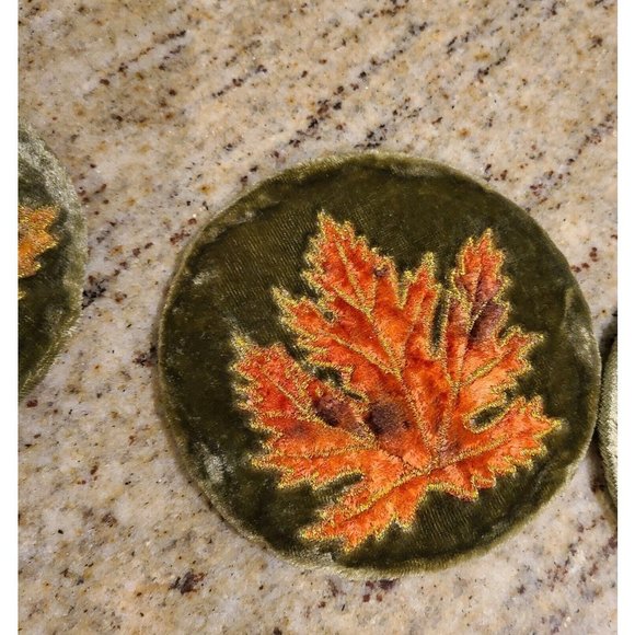 Vintage Velvet Orange Green Leaf Stitching Coasters Set of 6 Fall Autumn Holiday - Picture 6 of 10
